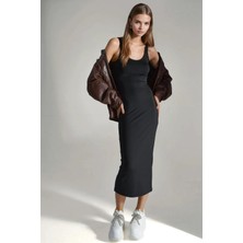 Hiccup Kadınlar Bodycon Basic Midi Elbise Siyah