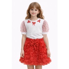 Sibel Günay Butik Kız Çocuk Fiyonk Detaylı Beyaz Tişört Kırmızı Kabartmalı Etek Takım–23 Nisan, 29 Ekim Özel Tasarım