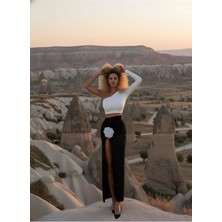 Win Moda Gül Detaylı Elbise - Tek Omuz Elbise - Ön Yırtmaçlı Elbise