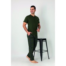 Estiva Erkek Kareli Alt Desenli Haki Kısa Kollu Patlı Penye Pijama Takımı