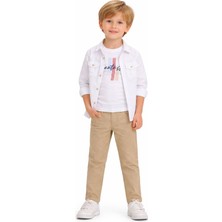 Cansın Mini Krem Keten Pantolonlu Düğmeli Gömlekli Erkek Çocuk 3lü Takım 23765