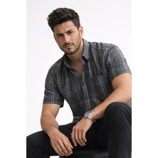 Varetta Erkek Kısa Kollu Gömlek Füme Kareli Geniş Kesim Cepli Pamuklu Günlük Casual