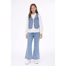 Cansın Mini Mavi Püsküllü Jean Yelekli Fularlı Gömlekli Kız Çocuk 3lü Pantolonlu Takım 23767