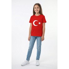 Kinderos Unisex Çocuk Bisiklet Yaka Türk Bayrak Baskılı Kısa Kollu Tişört