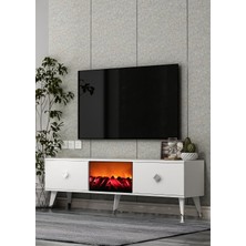 Cantek Dizayn TV0053-0053-TXA150-1 Şömineli Tv Sehpası Beyaz-Gümüş