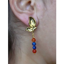 Esha Store Kelebek Model Altın Kaplama Akik Lapis Doğal Taşlı Küpe Kadın Sallantılı Küpe EUKU35AL