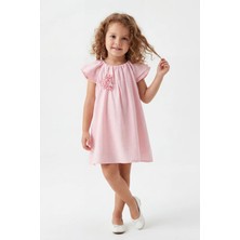 Queen Kids M0989 Kız Çocuk Keten Volan Elbise Pembe