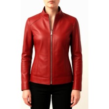 Aclassics Kadın Koyu Kırmızı Hakim Yaka Hakiki Deri Ceket