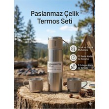 Vacuum Bottle Paslanmaz Çelik Termos 3 Bardaklı 500 ml Kutulu Sızdırmaz Set