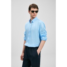 Lufian Erkek Pitaya Comfort Fit Mavi Keten Gömlek Casual Stil Uzun Kollu