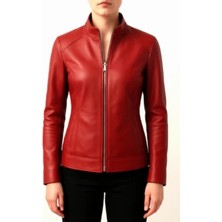 Aclassics Kadın Koyu Kırmızı Hakim Yaka Hakiki Deri Ceket