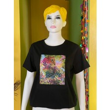 Gönülden Tasarım %100 Pamuk Basic Bisiklet Yaka Örme 3 Boyutlu Renkli Kaplan Baskı T-Shirt