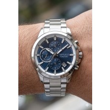 Ferrucci Gümüş Yuvarlak Kasa Erkek Kol Saati | 42 mm Çelik Kasa, Gümüş Metal Kordon, Lacivert Kadran