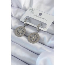 Epilons Çelik Gümüş Renk Kutup Yıldızı Model Zirkon Taş Işleme Detay Kadın Küpe