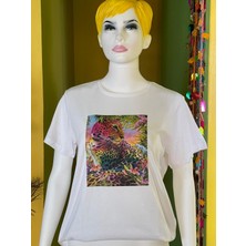 Gönülden Tasarım %100 Pamuk Basic Bisiklet Yaka Örme 3 Boyutlu Renkli Kaplan Baskı T-Shirt