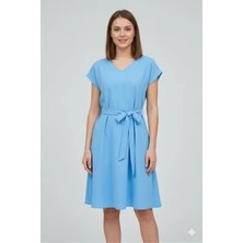 Aclassics Kadın Mavi V Yaka Kısa Kol Midi Boy Kemerli Elbise