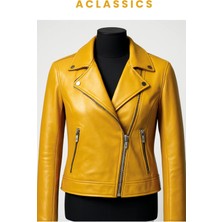 Aclassics Kadın Yeşil Hakiki Deri Yakalı Çapraz Kapama Spor Mont Ceket