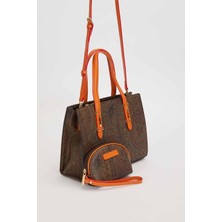 Kahve Etnik Desenli Kadın Ikili Çanta Seti Büyük Boy Kol ve Omuz Çantası