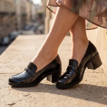 Çiğdem Kundura Enzo 56-12 - Hakiki Rugan Deri Kadın Klasik Topuklu Ayakkabı - Siyah - 38