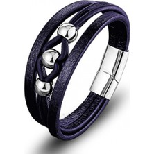 Fm 💎 Premium Çelik Top Ve Lacivert Deri Bileklik 31834B8D3 - 21 cm