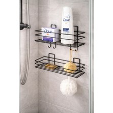 Atacı Home Paslanmaz 2'li Set Yapışkanlı 4 Kancalı Banyo Rafı Mat Siyah Banyo Şampuanlık Duşakabin Duş Askısı