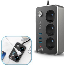 Elizmoda Isıya Dayanıklı Termal Akım Korumalı 2 mt 10A 2500W 3lü Priz ve 3 Usbi 2.1A Uzatma Kablosu (5067)