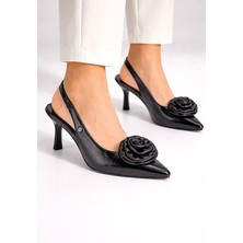 Gökhan Talay Rose Fairy Esnek Yumuşak Kaymaz Taban (4 Cm) Siyah Rugan El Yapımı Gül Detaylı Açık Lastikli Kadın Topuklu Ayakkabı