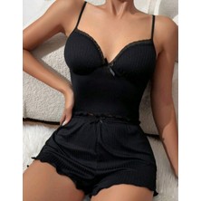Elizmoda Kadın Siyah Şortlu Gecelik Takım 5016