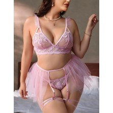 Elizmoda Kadın Büyük Beden Pembe Seksi Tasarım  Fantezi Jartiyer Takımı 8017