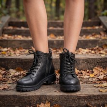 Çiğdem Kundura Flimax - Hakiki Deri Bağcıklı ve Fermuarlı Kadın Kısa Bot - Siyah - 37