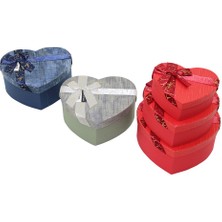 Elizmoda 3pcs Kalp Çizgili Mix Renkli - Kabartma Desen Karton Hediye Kutusu Kurdelalı 22X20-19X17-16X14CM (5067)