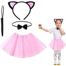 Elizmoda Pembe Renk Etekli Kedi Kostüm Seti (Tütü, Taç, Papyon, Kuyruk) (5067)