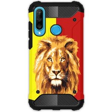 Egstech Huawei P30 Lite Kılıf Army Tank Full Koruma Antishock - Sarı Kırmızı Parçalı Aslan