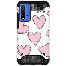 Egstech Xiaomi Redmi 9t / Poco M3 Kılıf Army Tank Full Koruma Antishock - Pembe Çizgili Kalpler