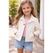 Queen Kids M9797 Kız Çocuk Denim Kalp Cepli Ceket Ekru