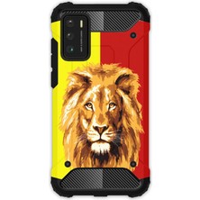 Egstech Xiaomi Poco M3 Kılıf Army Tank Full Koruma Antishock - Sarı Kırmızı Parçalı Aslan