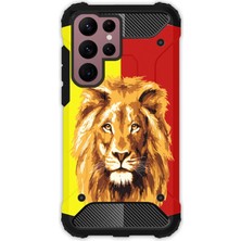 Egstech Samsung Galaxy S22 Ultra Kılıf Army Tank Full Koruma Antishock - Sarı Kırmızı Parçalı Aslan
