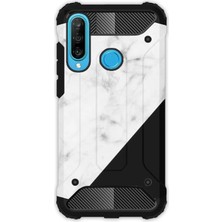 Egstech Huawei P30 Lite Kılıf Army Tank Full Koruma Antishock - Siyah Beyaz Mermer