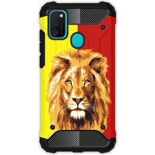 Egstech Samsung Galaxy M21 / M30S Kılıf Army Tank Full Koruma Antishock - Sarı Kırmızı Parçalı Aslan