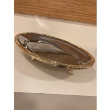 Sunum Tabağı Oval 35 cm Döküm Altın Kenar Çerçeveli Paslanmaz Çelik Gümüş