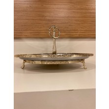 Plus Home Sunum Tabağı Yuvarlak 30 cm Ayaklı Döküm Altın Kenar Çerçeveli Paslanmaz Çelik Gümüş