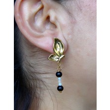 Esha Store Kelebek Model Altın Kaplama Oniks Aytaşı Doğal Taşlı Küpe Kadın Sallantılı Küpe EUKU35OAY