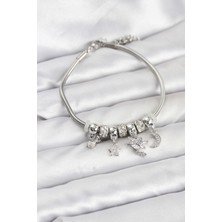 Pazarcan Pirinç Gümüş Renk Kalpli Model Charmlı Kadın Bileklik