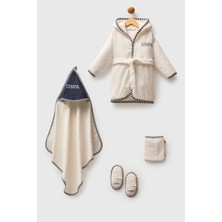 U.S. Polo Assn. Lisanslı Erkek Bebek Krem Lacivert Bornoz Seti 4 Parça