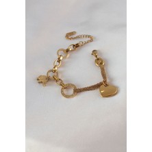 Pazarcan Çelik Gold Renk 2'li Zincir Model Zirkon Taş Detay Kadın Bileklik