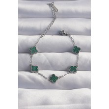 Pazarcan Çelik Baby Boy Gümüş Renk Çizgili Yeşil Mineli Yonca Bileklik