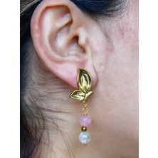 Esha Store Kelebek Model Altın Kaplama Sitrin Pembe Kuvars Doğal Taşlı Küpe Kadın Sallantılı Küpe EUKU35SP