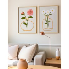 Des Vu Print 2'li Çerçevesiz Vazoda Çiçek Posteri, Bitki Çiçek Temalı Çerçevesiz Poster