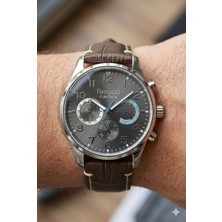 Ferrucci Modern Kasa Erkek Kol Saati | 44 mm Çelik Kasa, Koyu Kahverengi Deri Kordon, Gri Kadran