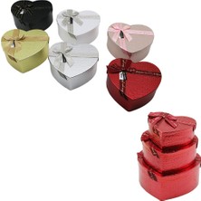 Elizmoda 3pcs Kalp Parlak Mix Renkli - Kabartma Desen Karton Hediye Kutusu Kurdelalı 22X20-19X17-16X14CM (5067)